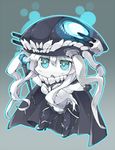  :&lt; akagashi_hagane aqua_eyes bodysuit cape chibi gloves grey_background kantai_collection long_hair monster open_mouth pale_skin shinkaisei-kan silver_hair solo triangle_mouth wo-class_aircraft_carrier 