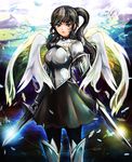  armor black_hair blue_eyes breasts choker dual_wielding feathers holding jewelry kazaana lips long_hair medium_breasts original pantyhose pendant ponytail solo sword weapon wings 