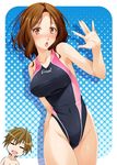  1girl :d :o =_= amakata_miho blush breasts brown_eyes brown_hair collarbone competition_swimsuit covered_navel free! halftone halftone_background highleg highleg_swimsuit highres large_breasts mukunokino_isshiki one-piece_swimsuit open_mouth shirtless short_hair smile swimsuit tachibana_makoto 