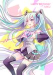  aqua_eyes aqua_hair character_name detached_sleeves happy_birthday hatsune_miku heart heart_hands long_hair minland4099 necktie skirt solo thighhighs twintails very_long_hair vocaloid 