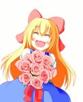  ^_^ blonde_hair blush bouquet bow closed_eyes flower hair_bow konbini@7-23 long_hair open_mouth pink_flower pink_rose ribbon rose shanghai_doll simple_background skirt skirt_set solo touhou white_background 