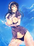  ashigara_(kantai_collection) black_hair black_panties breast_hold breasts brown_eyes hairband highres kantai_collection lips long_hair medium_breasts nipples open_mouth panties parted_lips porigon solo thighhighs torn_clothes underwear water 
