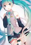  :o aqua_eyes aqua_hair bad_id bad_pixiv_id detached_sleeves funota hand_on_own_chest hatsune_miku headset long_hair nail_polish necktie open_mouth skirt solo thighhighs twintails very_long_hair vocaloid 