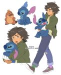  1girl black_hair brown_shoes carrying commentary crossed_arms crossover crown denim ears_down fangs green_shirt highres hoppers_(pixar) hug jeans king_george_(hoppers) korean_text lilo_&amp;_stitch looking_at_another looking_at_viewer mabel_tanaka mismatched_socks notched_ears notice_lines open_mouth pants pzz_pls shirt shoes smile stitch_(lilo_&amp;_stitch) sweatdrop torn_clothes torn_jeans torn_pants translation_request untranslatable_commentary whiskers 