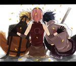  2boys back belt black_gloves black_hair blonde_hair from_behind gloves hand_on_back haruno_sakura headband jacket lovemaronmeru0827 multiple_boys naruto naruto_(series) naruto_shippuuden petals pink_hair short_hair sitting spiked_hair team7 uchiha_sasuke uzumaki_naruto 