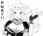  bompay breasts cleavage gauntlets gloves greyscale large_breasts long_hair monochrome rwby solo yang_xiao_long 