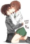  2girls arms_around_waist black_legwear brown_eyes brown_hair dated eyes_closed girls_und_panzer hand_on_another&#039;s_cheek hand_on_another&#039;s_face hand_on_another's_cheek hand_on_another's_face hard_translated hug incest kiss long_hair multiple_girls nishizumi_maho nishizumi_miho school_uniform seita serafuku siblings simple_background sisters sitting skirt straddle straddling thigh_straddling translated white_background yuri 