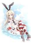  anchor blonde_hair crossed_legs elbow_gloves gloves hair_ornament hairband highres innertube kantai_collection long_hair mitsukii navel open_mouth panties school_uniform serafuku shimakaze_(kantai_collection) sitting solo striped striped_legwear thighhighs underwear water yellow_eyes 