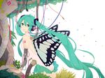  android artist_name bad_id bad_pixiv_id bare_shoulders butterfly_wings cable copyright_name grass green_eyes green_hair hatsune_miku headphones highres kise_(swimmt) leotard long_hair looking_back nail_polish necktie number open_mouth plant signature solo twintails usb very_long_hair vocaloid white_background wings 