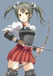  bow_(weapon) fuku_d gloves hair_ribbon japanese_clothes kantai_collection long_hair looking_at_viewer muneate ribbon simple_background single_glove smile solo twintails weapon zuikaku_(kantai_collection) 