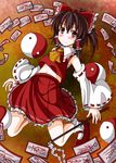  bare_shoulders brown_hair detached_sleeves gohei hair_ribbon hair_tubes hakurei_reimu haraegushi highres navel ofuda oonusa ponytail red_eyes ribbon solo touhou yin_yang youka_(gensou_kyoudan) 