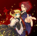  1girl bare_back beatrice black_battler blonde_hair blue_eyes choker cross dress flower formal hair_bun hair_flower hair_ornament md5_mismatch necktie pointing red_eyes red_hair rose smile sousui_hani suit umineko_no_naku_koro_ni ushiromiya_battler wide_sleeves 