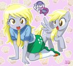  all_fours amber_eyes blonde_hair blush breasts clothed clothing cutie_mark derpy_hooves_(eg) derpy_hooves_(mlp) dress duo english_text equestria_girls equine female feral food friendship_is_magic fur grey_fur grey_skin hair horse human humanized long_hair looking_at_viewer mammal muffin my_little_pony necktie open_mouth pegasus pony shirt skirt smile standing text uotapo wings yellow_eyes 