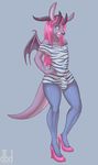  animal_print blue_eyes bulge clothing crossdressing dbd demon girly hair high_heels horn kangaroo leggings legwear male mammal marsupial pink_hair plain_background slit_pupils smile solo wings 