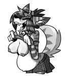accessory anthro arm_warmers armwear bell bell_collar belly big_belly big_breasts bottomwear bow_ribbon breasts canid canine canis clothed clothing clothing_lift collar domestic_dog ear_piercing ear_stud erect_nipples eyes_closed female flashing flashing_breasts fur hair_accessory hair_bow hair_ribbon hi_res humanoid_hands mammal monochrome navel nipples outie_navel pattern_arm_warmers pattern_armwear pattern_bottomwear pattern_clothing pattern_skirt piercing pixylbyte plaid plaid_bottomwear plaid_clothing plaid_skirt pregnant pregnant_anthro pregnant_female razzleberry_(dansharkman) ribbons shirt shirt_lift simple_background skirt skull_accessory smile solo sparklefur striped_arm_warmers striped_armwear striped_body striped_clothing striped_fur stripes tail topwear wearing_collar white_background