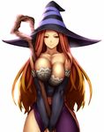  bare_shoulders breasts brown_eyes brown_hair cleavage dragon's_crown gradient_hair hat katagiri_(a1466502) large_breasts light_smile long_hair looking_at_viewer multicolored_hair red_eyes red_hair sash simple_background smile solo sorceress_(dragon's_crown) staff unaligned_breasts v_arms white_background wide_hips witch_hat 