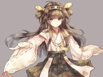  ahoge brown_eyes brown_hair detached_sleeves hairband headgear kantai_collection kongou_(kantai_collection) long_hair ribbon-trimmed_sleeves ribbon_trim simple_background smile snow_(snow1993) solo wide_sleeves 