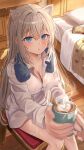  1girl 1other animal_ears artist_name bed blue_eyes blush book breasts buttons cabinet cat_ears chair cleavage collared_shirt commentary_request cup day grey_hair hair_intakes hands_up heart highres holding holding_cup incoming_drink indoors large_breasts latte_art light_particles long_hair long_sleeves looking_ahead looking_at_another mug naked_shirt nibosi on_chair open_book original parted_lips shirt sidelocks sitting steaming_cup thighs towel towel_around_neck very_long_hair white_shirt wooden_floor 