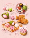  agar anmitsu_(dessert) artist_name cherry cherry_blossoms commentary_request dango food food_focus fruit highres may_illust5 mochi mont_blanc_(food) namagashi no_humans original pink_background sakura_mochi sanshoku_dango syrup taiyaki wagashi wooden_tray 