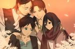  2boys 2girls black_eyes black_hair brown_hair carla_yeager child cravat dress_shirt eren_yeager eyes_closed facial_hair family glasses green_eyes grisha_yeager hand_on_shoulder jacket long_hair low-tied_long_hair mikasa_ackerman multiple_boys multiple_girls scarf shingeki_no_kyojin shirt short_hair smile vest younger 