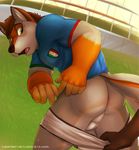  anthro anus assisted_exposure balls blush brown_nose butt canine clothing coyote grass green_eyes italy male mammal pants pants_down pantsed public soccer solo underwear undressing zeta-haru 
