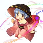  bad_id bad_pixiv_id blue_hair bowl bowl_hat from_above hat holding_needle japanese_clothes kimono needle off_shoulder open_mouth smile sukuna_shinmyoumaru touhou wide_sleeves yellow_eyes yunorun 