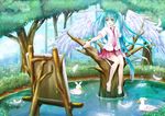  aqua_eyes aqua_hair bad_id bad_pixiv_id barefoot bird canvas_(object) duck easel feathers hatsune_miku long_hair necktie open_mouth sitting skirt solo toki_(toki-master) tree twintails very_long_hair vocaloid water wings 
