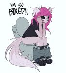 anthro arms_on_knees belt black_clothing black_shirt black_topwear bored bottomwear bottomwear_down butt canid canine canis clothed clothing constipation countlessbathry denim denim_bottomwear denim_clothing domestic_dog facial_piercing female footwear hair holding_head implied_scat jeans leaning leaning_forward leg_scar long_tail looking_forward mammal nose_piercing nose_ring on_toilet pants pants_down partially_clothed piercing pink_body pink_hair ring_piercing scar shirt shoes simple_background sitting sitting_on_toilet solo t-shirt tail thigh_scar toilet toilet_bowl toilet_lid toilet_seat toilet_use topwear white_background wide_hips