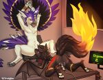  absurd_res andromorph andromorph/female andromorph_anthro anthro arm_feathers arms_tied bat_wings black_body black_fur bound bound_together canid canid_demon canine canis cobalt_(cobalt_raptor) cunnilingus demon digital_media_(artwork) dinosaur dromaeosaurid duo feathered_dinosaur feathered_scalie feathers female fire flaming_tail forced forced_partners fur hellhound hi_res intersex intersex/female intersex_anthro mammal markings membrane_(anatomy) membranous_wings mythological_canine mythological_creature mythology oral orgasm_counter prehistoric_species purple_body purple_feathers red_markings reptile saurischian scalie sex sex_toy smuttykiva spread_legs spreading tail theropod utahraptor vaginal vibrator vibrator_on_clitoris wand_vibrator wings wolf 