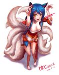  ahri animal_ears blue_hair breasts cat_pose chanseven cleavage clothed clothing female fox_ears fox_tail hair human league_of_legends looking_at_viewer mammal multiple_tails plain_background simple_background slit_pupils white_background yellow_eyes 