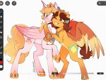 2026 armor artist_name bent_legs blonde_mane blue_eyes blush brown_mane brown_tail brown_wings chinese_zodiac circle closed_smile colored crossover crown cutie_mark digital_drawing_(artwork) digital_media_(artwork) duo ear_piercing emerald_(gem) english_description english_text equid equine eye_through_hair eyebrow_through_hair eyebrows feathered_wings feathers feeniroir female feral folded_wings fur gem hair happy hasbro headgear hi_res hooves horn hud hug hugging_another larger_female larger_feral leg_tuft light lighting long_mane long_tail mammal mane mario_bros medium_mane medium_tail mouth_closed multicolored_body multicolored_fur multicolored_mane my_little_pony mythological_creature mythological_equine mythology nintendo number one_eye_closed orange_body orange_fur orange_horn peytral piercing pink_body pink_fur pink_horn pink_wings princess princess_daisy princess_daisy_sunshine_(feeniroir) princess_peach princess_peach_toadstool_(feeniroir) quadruped raised_hoof royalty ruby_(gem) sabatons sapphire_(gem) shaded simple_background size_difference smaller_female smaller_feral smile smiling_at_another smiling_at_each_other standing tail tan_body tan_fur tan_wings text tiara toothy_grin translucent translucent_hair tuft unicorn_horn white_background winged_unicorn wings year_of_the_horse yellow_tail