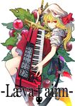  blonde_hair clavia_nord flandre_scarlet food fruit fujinohara_akihira hat hexagram hilt instrument keyboard_(instrument) keytar long_hair mary_janes red_eyes ribbon shoes side_ponytail skirt skirt_set smile socks solo touhou white_legwear wings 