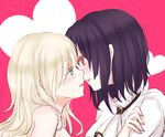  aqua_eyes atago_(kantai_collection) black_hair blonde_hair blush couple from_side heart imminent_kiss kantai_collection multiple_girls parted_lips profile red_eyes short_hair sui_(camellia) takao_(kantai_collection) yuri 