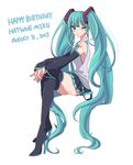  2013 aqua_eyes aqua_hair bad_id bad_pixiv_id boots character_name crossed_legs dated detached_sleeves happy_birthday hatsune_miku high_heels long_hair nail_polish necktie one_eye_closed simple_background sitting skirt solo thigh_boots thighhighs twintails very_long_hair vocaloid white_background yana870 