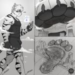 4_toes anthro barefoot bethesda_game_studios black_pawpads building cellphone city claws comic destruction domestic_cat ear_piercing ear_ring electronics feet felid feline felis foot_fetish giga grass green_eyes hi_res hindpaw khajiit macro macro_march male mammal microsoft mythology oblivious pawpads paws phone piercing plant rampage ring_piercing skyrim slegar smartphone soles solo stomping the_elder_scrolls toes