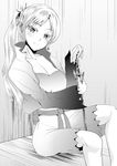  bompay dress greyscale long_hair monochrome myrtenaster ponytail rwby scar scar_across_eye sitting solo sword weapon weiss_schnee 