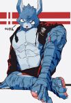 2022 4_toes 5_fingers abs absurd_res anthro artist_name biped black_background black_bottomwear black_clothing black_jacket black_shorts black_topwear blue_body blue_countershading blue_fur blue_inner_ear blue_markings blue_stripes bottomwear character_name chinese_text claws clothed clothed_anthro clothed_male clothing countershade_face countershade_hands countershade_legs countershade_torso countershading digital_drawing_(artwork) digital_media_(artwork) dot_eyes eyebrows facial_markings feet finger_claws fingerpads fingers forehead_markings front_view full-length_portrait fully_clothed fully_clothed_anthro fully_clothed_male fur furrowed_eyebrows hand_on_knee hand_on_leg hand_on_own_knee hand_on_own_leg head_markings hi_res jacket kuro_(kuromonsart) kuromonsart lagomorph leporid looking_at_viewer male mammal markings muscular muscular_anthro muscular_male navel open_clothing open_jacket open_mouth open_smile open_topwear pawpads pecs pink_pawpads plantigrade portrait print_clothing print_jacket print_topwear rabbit red_bottomwear red_clothing red_jacket red_shorts red_text red_topwear shorts simple_background simple_eyes sitting smile solo striped_arms striped_body striped_hands striped_legs striped_torso stripes text text_on_clothing text_on_jacket text_on_topwear toe_claws toes topwear translation_request white_claws white_sclera