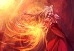  bow fire fujiwara_no_mokou gracehoo hand_to_own_mouth highres long_hair orange_(color) pants red red_eyes touhou white_hair 