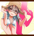  :d bad_id bad_pixiv_id bikini black_hair breasts cleavage glasses hat idolmaster idolmaster_million_live! long_hair medium_breasts open_mouth red_eyes shinose_(sinose) smile solo swimsuit takayama_sayoko 