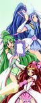  :d blue_eyes blue_hair bow crown cure_empress cure_magician cure_priestess dokidoki!_precure gloves green_hair highres long_hair md5_mismatch mirror multiple_girls open_mouth p-chan_(mitsuta52) pink_bow pink_eyes polearm ponytail precure red_eyes red_hair smile spear weapon 