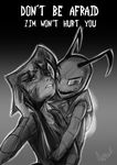  afraid anthro clothed clothing desire duo english_text fantasyisland female gaz gradient_background grey_background greyscale hair human invader_zim love male mammal monochrome open_mouth plain_background scared stalk stalker straight teeth text yunaki zim 