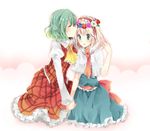  alice_margatroid aqua_eyes ascot bad_id bad_pixiv_id blonde_hair flower frilled_skirt frills full_body green_hair hairband head_wreath holding_hands ikeuchi_tanuma imminent_kiss kazami_yuuka long_skirt multiple_girls necktie plaid plaid_skirt plaid_vest short_hair sitting skirt touhou vest wreath yuri 