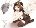  ahoge anger_vein black_legwear blood blush breasts brown_hair commentary covering covering_breasts directional_arrow english fang folder hairband headgear hews_hack kantai_collection kneeling kongou_(kantai_collection) large_breasts long_hair miniskirt nosebleed open_mouth paw_print pleated_skirt purple_eyes recycle_bin rensouhou-chan skirt solo spoken_anger_vein thighhighs topless torn_clothes zettai_ryouiki 