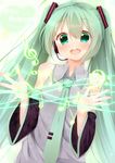  :d alza blush character_name detached_sleeves green_eyes green_hair hatsune_miku headset long_hair musical_note necktie open_mouth smile solo twintails very_long_hair vocaloid 