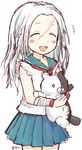  ^_^ bandages blue_sailor_collar closed_eyes danganronpa danganronpa_1 hemoglo monokuma oogami_sakura open_mouth sailor_collar scar school_uniform serafuku sleeveless smile stuffed_animal stuffed_toy teddy_bear white_hair younger 