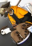 anthro arms_around_torso bathroom black_clothing black_shirt black_t-shirt black_topwear blonde_hair bodily_fluids bottomwear bottomwear_down brown_body brown_fur canid canine canis clenched_teeth clothed clothing desperation endoudouhu fur green_eyes hair hi_res holding_stomach hoodie implied_scat jacket leaning leaning_forward male mammal markings narrowed_eyes on_toilet orange_clothing orange_jacket orange_topwear pants pants_down partially_clothed poop_desperation pooping pooping_in_toilet pooping_into_water potty_time public_restroom restroom_stall rumbling_stomach shaking shirt sitting sitting_on_toilet solo spots spotted_body spotted_fur stomach_ache straining t-shirt tears teeth toilet toilet_bowl toilet_lid toilet_paper toilet_paper_dispenser toilet_paper_roll toilet_seat toilet_use topwear trembling underwear underwear_down wolf