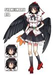  1girl absurdres bird_wings black_hair black_skirt black_socks black_wings blush bow bowtie breasts character_name chinese_commentary closed_eyes closed_mouth collared_shirt commentary_request dated embarrassed facing_viewer feathered_wings frilled_skirt frills full_body geta grey_bow grey_bowtie hat hauchiwa highres holding kneehighs looking_at_viewer medium_breasts multiple_expressions pointy_ears puffy_short_sleeves puffy_sleeves red_eyes red_hat red_shoes rryy shameimaru_aya shirt shoes short_hair short_sleeves signature skirt smile socks tengu-geta tokin_hat touhou white_shirt wings 