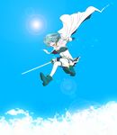  :d armband blonde_hair blue_hair cape cloud day falling gloves graphism magical_girl mahou_shoujo_madoka_magica miki_sayaka open_mouth short_hair skirt sky smile solo sun sword weapon 