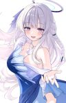  1girl armpit_crease asymmetrical_clothes bare_shoulders blue_archive blue_dress blush braid breasts cleavage collarbone commentary_request dress fingernails gloves halo highres jewelry long_hair looking_at_viewer mechanical_halo medium_breasts necklace noa0319 noa_(blue_archive) open_mouth purple_eyes shell shell_necklace simple_background single_glove smile solo very_long_hair white_background white_gloves white_hair white_halo 