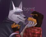 anthro black_body black_fur brown_background canid canine canis cigarette claws cloak clothing death_(puss_in_boots) dialogue domestic_dog dreamworks drugs duo ears_up english_text eye_contact face_grab facial_markings fangs floppy_ears fur fuzzy glowing glowing_eyes grey_body grey_fur grin head_markings hi_res holding_cigarette holding_object looking_at_another looking_at_viewer male male/male mammal markings mask_(marking) mischievous_smile multicolored_body multicolored_fur nlija open_mouth pattern_clothing pattern_shirt pattern_topwear plaid plaid_clothing plaid_shirt plaid_topwear pointy_ears poncho prick_ears pupils puss_in_boots_(franchise) red_eyes shirt sickle simple_background size_difference smile smoke smoke_from_mouth smoking smoking_cigarette smug standing surprised teeth text topwear white_pupils wolf